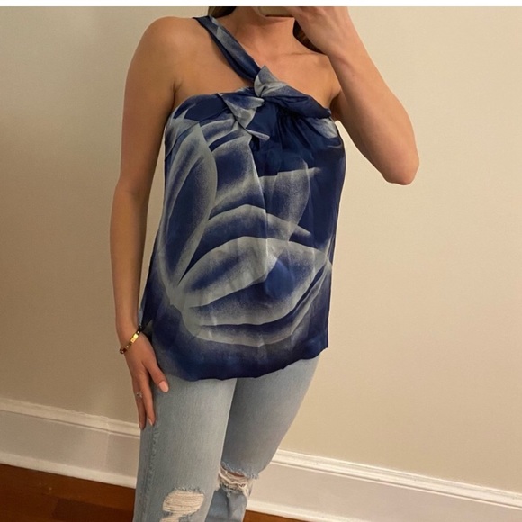 BCBG MaxAzria one-shoulder silk top in a pretty watercolor print - Picture 8 of 8